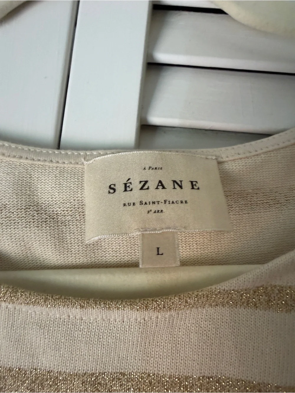Sezane Cream Striped Long Sleeve Tee with Metallic Gold Accents